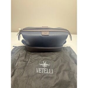 Vetelli Leo Mens Toiletry Bag Navy Blue Brown Leather Dopp Kit New with Tag